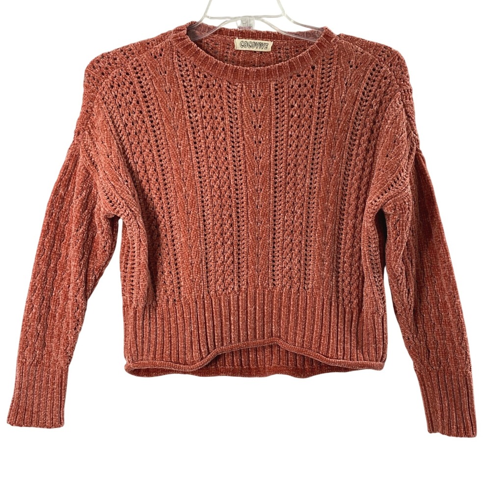 Cocovive Womens Small Cropped Sweater Open Knit‎ Rust Brown Cozy Soft Pullover